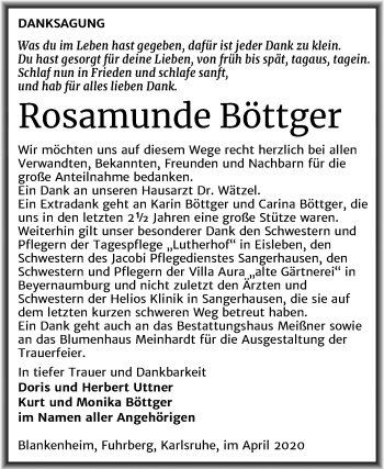 Traueranzeige von Rosamunde Böttger von Super Sonntag Sangerhausen