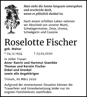 Traueranzeige von Roselotte Fischer von Super Sonntag Köthen