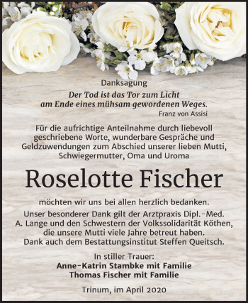 Traueranzeige von Roselotte Fischer von Mitteldeutsche Zeitung Köthen