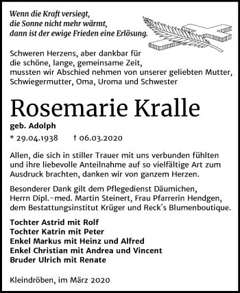 Traueranzeige von Rosemarie Kralle von Mitteldeutsche Zeitung Wittenberg
