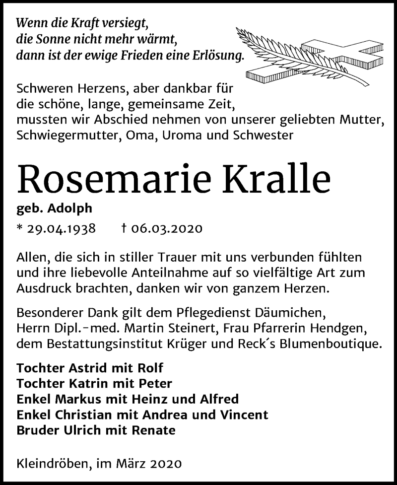  Traueranzeige für Rosemarie Kralle vom 04.04.2020 aus Mitteldeutsche Zeitung Wittenberg