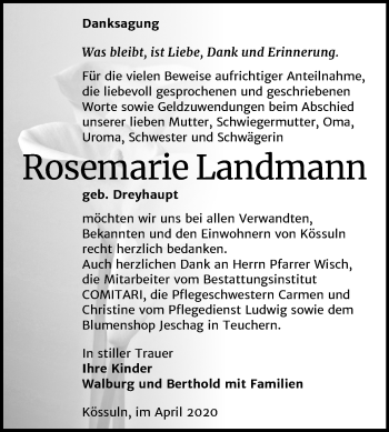 Traueranzeige von Rosemarie Landmann von Super Sonntag Weißenfels