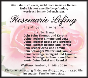 Traueranzeige von Rosemarie Lofing von Mitteldeutsche Zeitung Merseburg/Querfurt