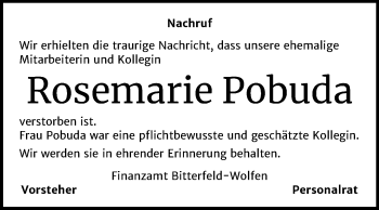 Traueranzeige von Rosemarie Pobuda von Mitteldeutsche Zeitung Bitterfeld