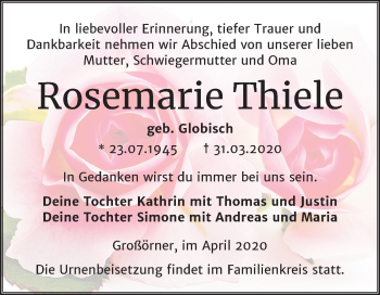 Traueranzeige von Rosemarie Thiele von Super Sonntag Mansfelder Land