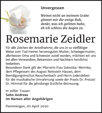 Traueranzeige von Rosemarie Zeidler von Mitteldeutsche Zeitung Naumburg/Nebra