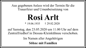 Traueranzeige von Rosi Arlt von Super Sonntag Dessau-Roßlau