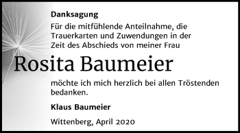 Traueranzeige von Rosita Baumeier von Super Sonntag Wittenberg