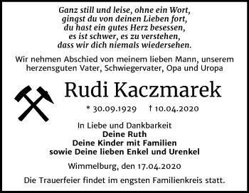 Traueranzeige von Rudi Kaczmarek von Mitteldeutsche Zeitung Mansfelder Land