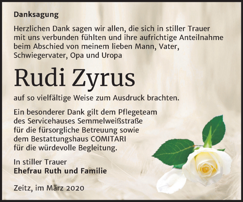  Traueranzeige für Rudi Zyrus vom 04.04.2020 aus Super Sonntag Zeitz