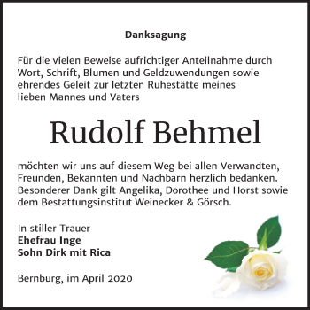Traueranzeige von Rudolf Behmel von Super Sonntag Bernburg