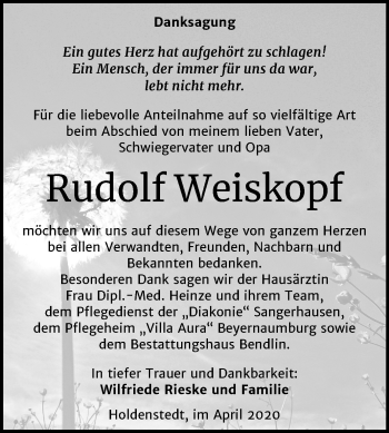 Traueranzeige von Rudolf Weiskopf von Mitteldeutsche Zeitung Sangerhausen