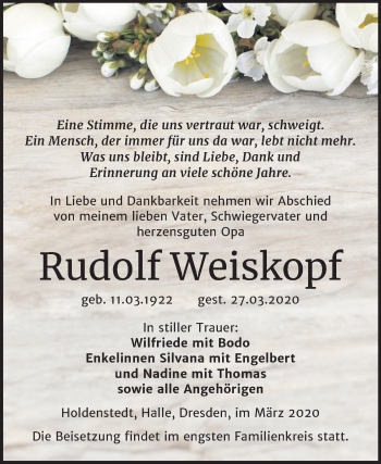 Traueranzeige von Rudolf Weiskopf von Mitteldeutsche Zeitung Sangerhausen