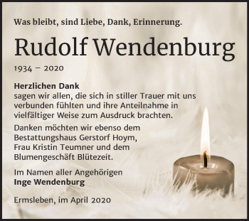 Traueranzeige von Rudolf Wendenburg von Mitteldeutsche Zeitung Quedlinburg