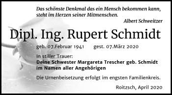 Traueranzeige von Rupert Schmidt von Mitteldeutsche Zeitung Bitterfeld