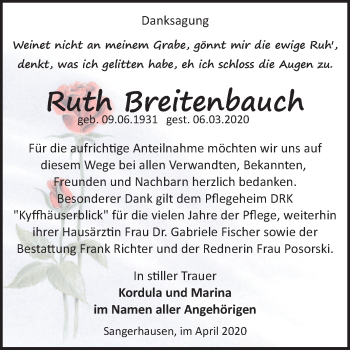 Traueranzeige von Ruth Breitenbauch von Mitteldeutsche Zeitung Sangerhausen
