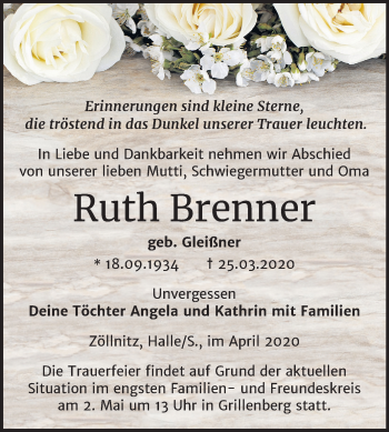 Traueranzeige von Ruth Brenner von Super Sonntag Sangerhausen
