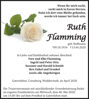 Traueranzeige von Ruth Flamming von Mitteldeutsche Zeitung Aschersleben / Quedlinburg