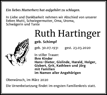Traueranzeige von Ruth Hartinger von Super Sonntag Merseburg/Querfurt