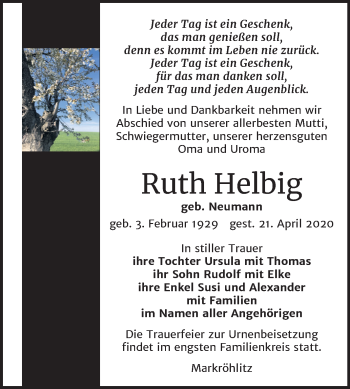 Traueranzeige von Ruth Helbig von Mitteldeutsche Zeitung Weißenfels