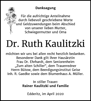Traueranzeige von Ruth Kaulitzki von Super Sonntag Köthen