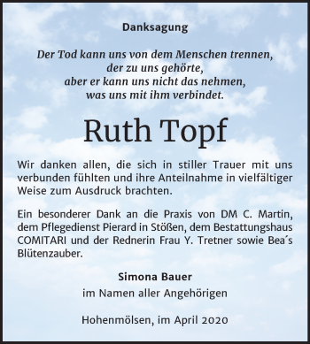 Traueranzeige von Ruth Topf von Mitteldeutsche Zeitung Weißenfels