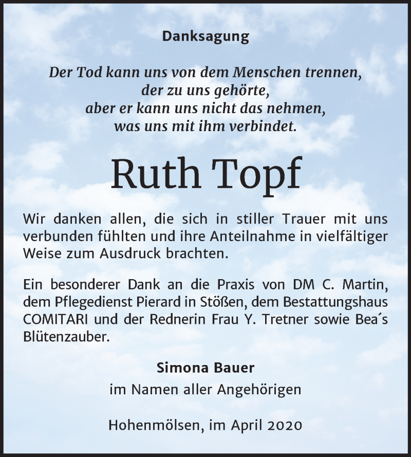  Traueranzeige für Ruth Topf vom 04.04.2020 aus Mitteldeutsche Zeitung Weißenfels