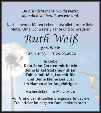 Traueranzeige von Ruth Weiß von Super Sonntag Aschersleben