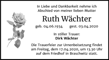 Traueranzeige von Ruth Wächter von Mitteldeutsche Zeitung Halle/Saalkreis