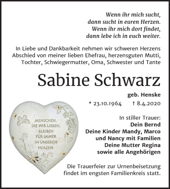 Traueranzeige von Sabine Schwarz von Mitteldeutsche Zeitung Weißenfels