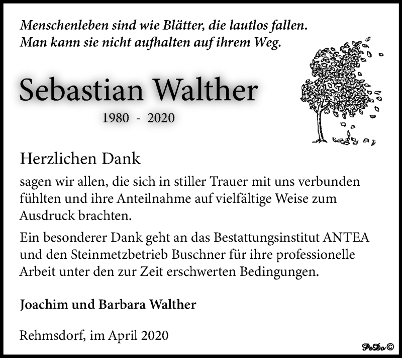  Traueranzeige für Sebastian Walther vom 18.04.2020 aus Super Sonntag Zeitz