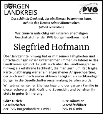 Traueranzeige von Siegfried Hofmann von Mitteldeutsche Zeitung Zeitz / Naumburg/Nebra