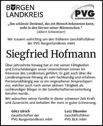 Traueranzeige von Siegfried Hofmann von Super Sonntag Naumburg/Nebra / Weißenfels / Zeitz