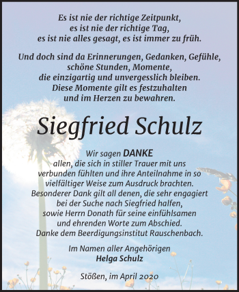 Traueranzeige von Siegfried Schulz von Super Sonntag Naumburg/Nebra