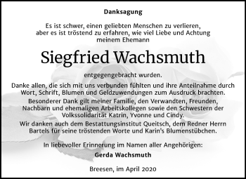 Traueranzeige von Siegfried Wachsmuth von Super Sonntag Köthen