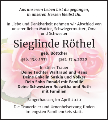 Traueranzeige von Sieglinde Röthel von Mitteldeutsche Zeitung Sangerhausen