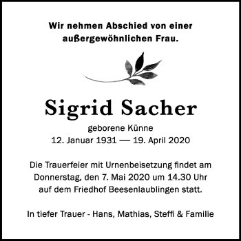 Traueranzeige von Sigrid Sacher von Super Sonntag Bernburg
