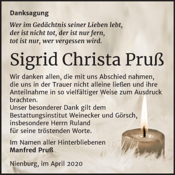 Traueranzeige von Sigrid Christa Pruß von Mitteldeutsche Zeitung Bernburg