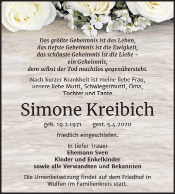 Traueranzeige von Simone Kreibich von Super Sonntag Köthen