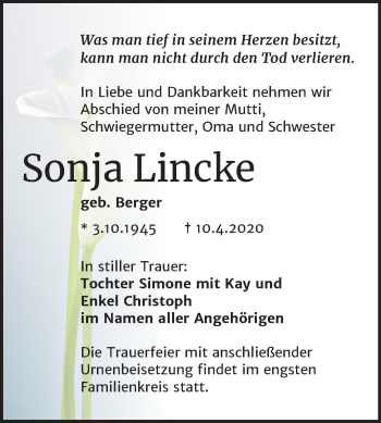 Traueranzeige von Sonja Lincke von Mitteldeutsche Zeitung Halle/Saalkreis
