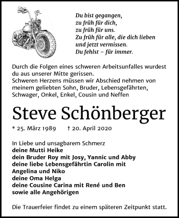 Traueranzeige von Steve Schönberger von Super Sonntag Zeitz