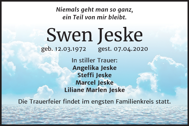 Traueranzeige für Swen Jeske vom 25.04.2020 aus Super Sonntag Quedlinburg