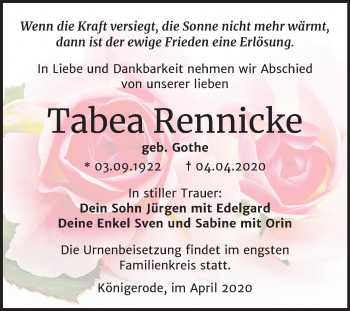Traueranzeige von Tabea Rennicke von Super Sonntag Quedlinburg