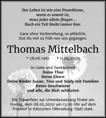 Traueranzeige von Thomas Mittelbach von Super Sonntag Merseburg/Querfurt