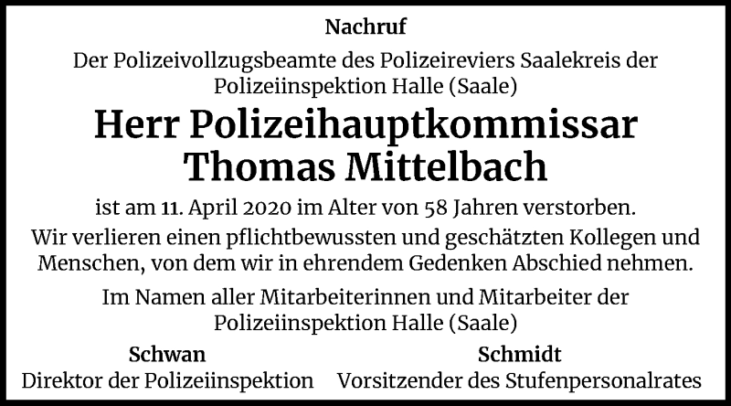  Traueranzeige für Thomas Mittelbach vom 25.04.2020 aus Mitteldeutsche Zeitung Merseburg/Querfurt