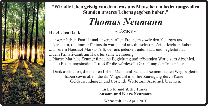  Traueranzeige für Thomas Neumann vom 25.04.2020 aus Mitteldeutsche Zeitung Quedlinburg