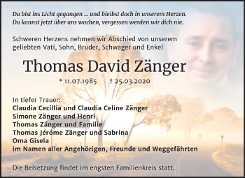 Traueranzeige von Thomas David Zänger von Super Sonntag Dessau-Roßlau