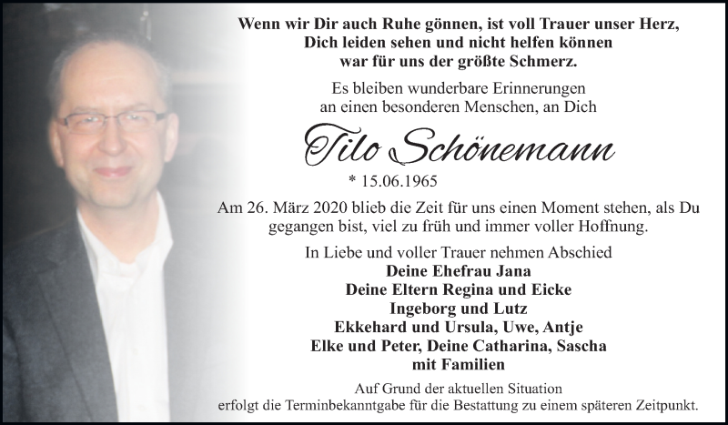  Traueranzeige für Tilo Schönemann vom 04.04.2020 aus Mitteldeutsche Zeitung Dessau-Roßlau
