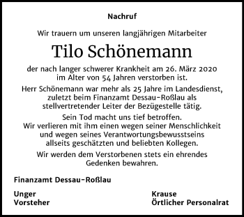 Traueranzeige von Tilo Schönemann von Mitteldeutsche Zeitung Dessau-Roßlau