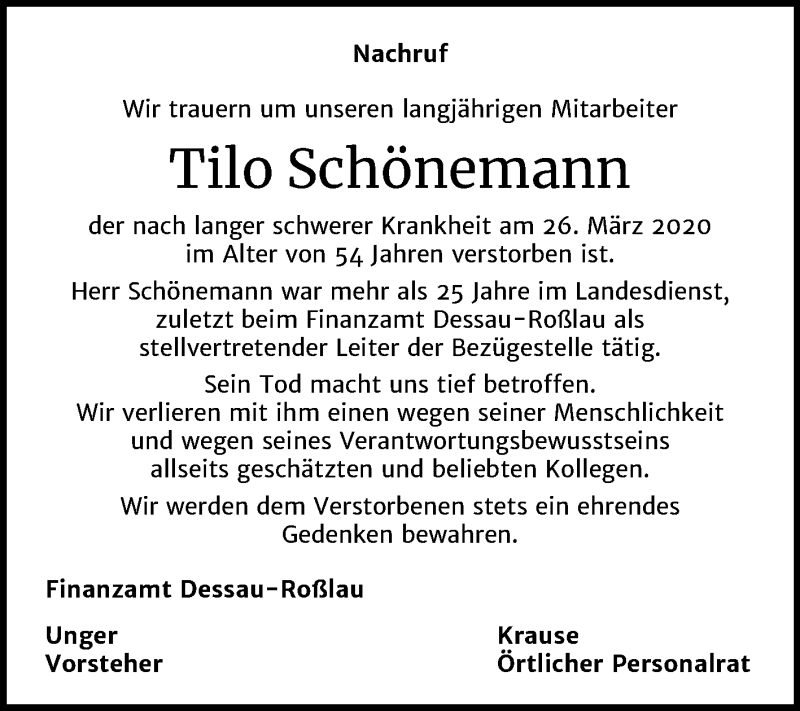  Traueranzeige für Tilo Schönemann vom 04.04.2020 aus Mitteldeutsche Zeitung Dessau-Roßlau